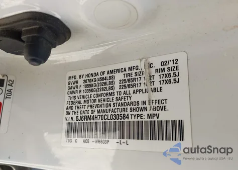 2012 Honda Cr-V Ex-L z USA, uszkodzony, nr VIN 5J6RM4H70CL030584